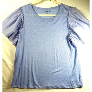 LOFT Women's  Blue  Linen Flutter Sleeve  Tee Crew Neck Slub Knit feminine